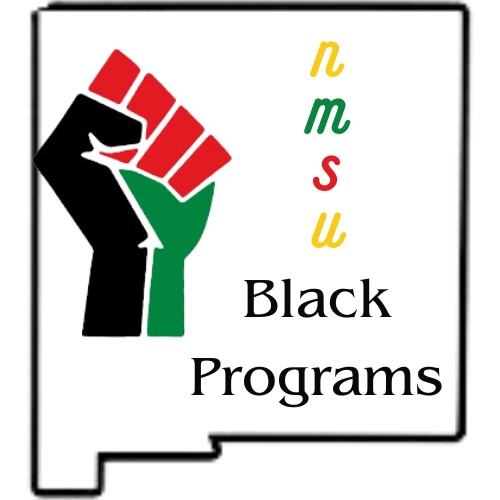 Logo of the Black Programs, he image depicts a stylized representation of the state of New Mexico with its borders outlined in black on a white background. Inside the outlined shape on the left side, there is a raised fist composed of four segmented parts in the colors black, red, and green. To the right of the fist, the letters "nmsu" are vertically aligned in colors yellow, green, red, and yellow, respectively. Below the letters, the words "Black Programs" are written in black, serif font.